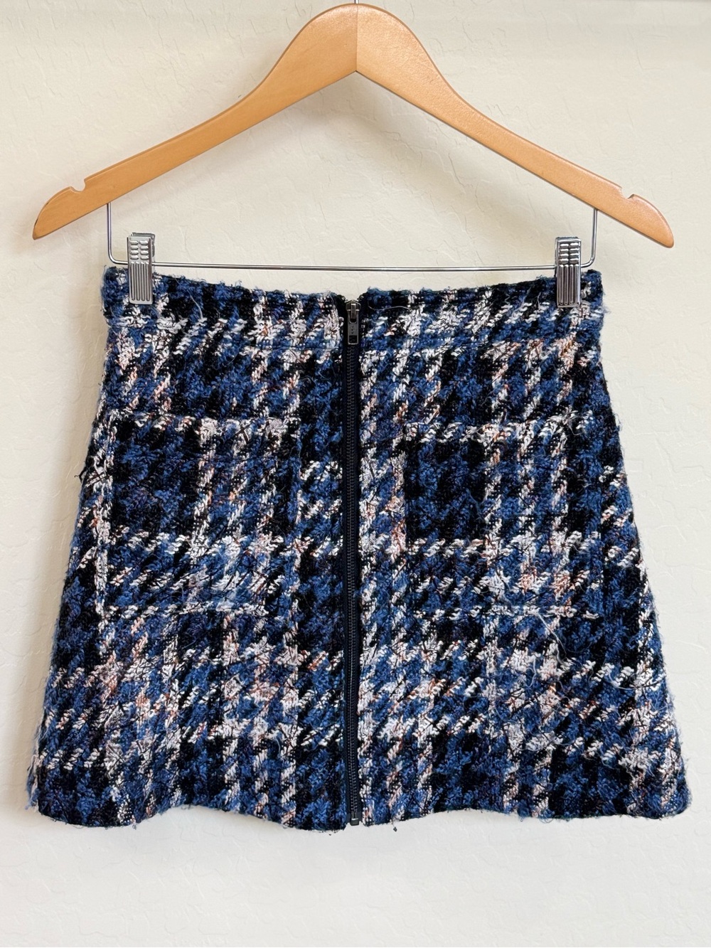 Parker ‘Krista’ Tweed Blue Plaid Zip-Front Mini Skirt Pockets Size 2